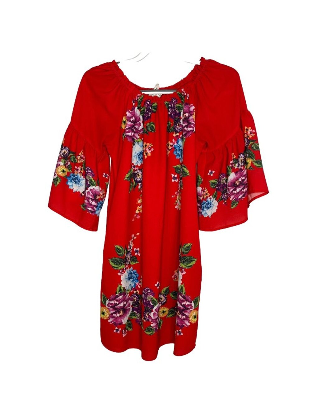 Umgee Womens S Red Floral Boho Dress Bell Sleeve Peasant Cottagecore